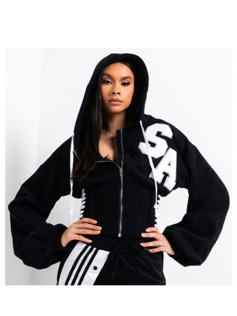 Akira Black Corset Lace Up Bell Sleeve Sweatshirt Hoodie